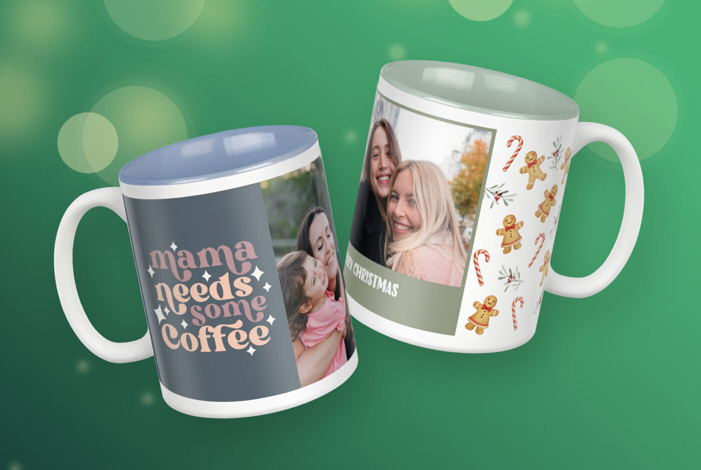 Fototassen mit verschiedenen Designs und Innenfarben, links mit Schrift "Mama needs some coffee", rechts mit Weihnachtsdesign