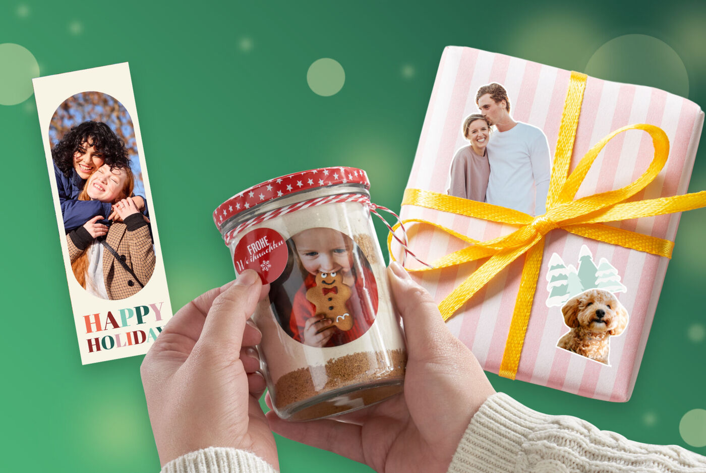 Fotostreifen, Fotosticker auf einem Glas und auf einem Geschenk, die im Markt gestaltet und ausgedruckt werden können