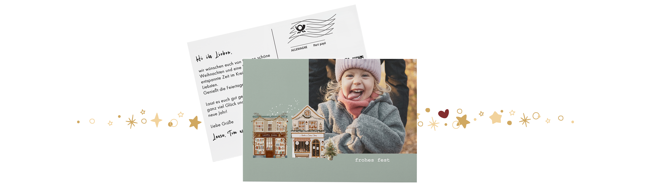 Postkarte mit Aufschrift "Frohes Fest", Winterillustrationen und Kinderfoto auf der Vorderseite