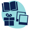 Symbolische Darstellung von Fotoprodukten, einschließlich Fotobuch, Geschenk und Bilderrahmen.