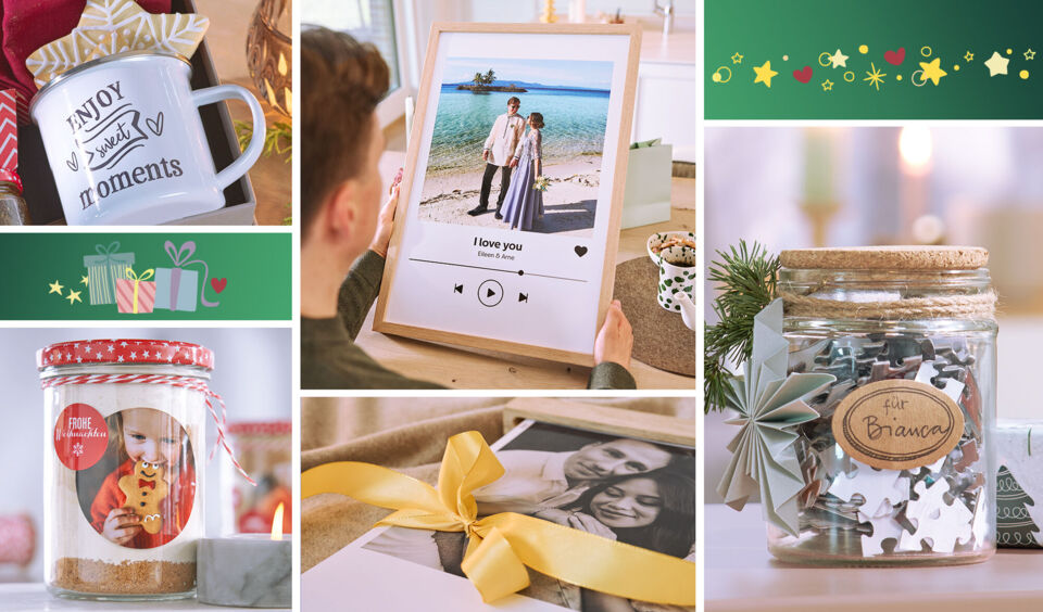 Verschiedene Fotogeschenke zu Weihnachten: Tassen, Kalender, Puzzle, Poster sowie Foto-Aufkleber auf Geschenkverpackungen