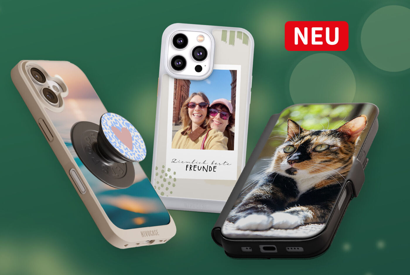 Handyhüllen in verschiedenen Formen und mit eigenen Fotos: mit Griff und MagSafe, als Silikonhülle oder als Sideflip