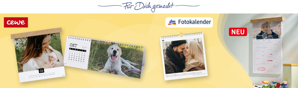 Personalisierte Fotokalender mit Familien-, Tier- und Paarfotos, darunter Wand-, Tisch- und Terminkalender.