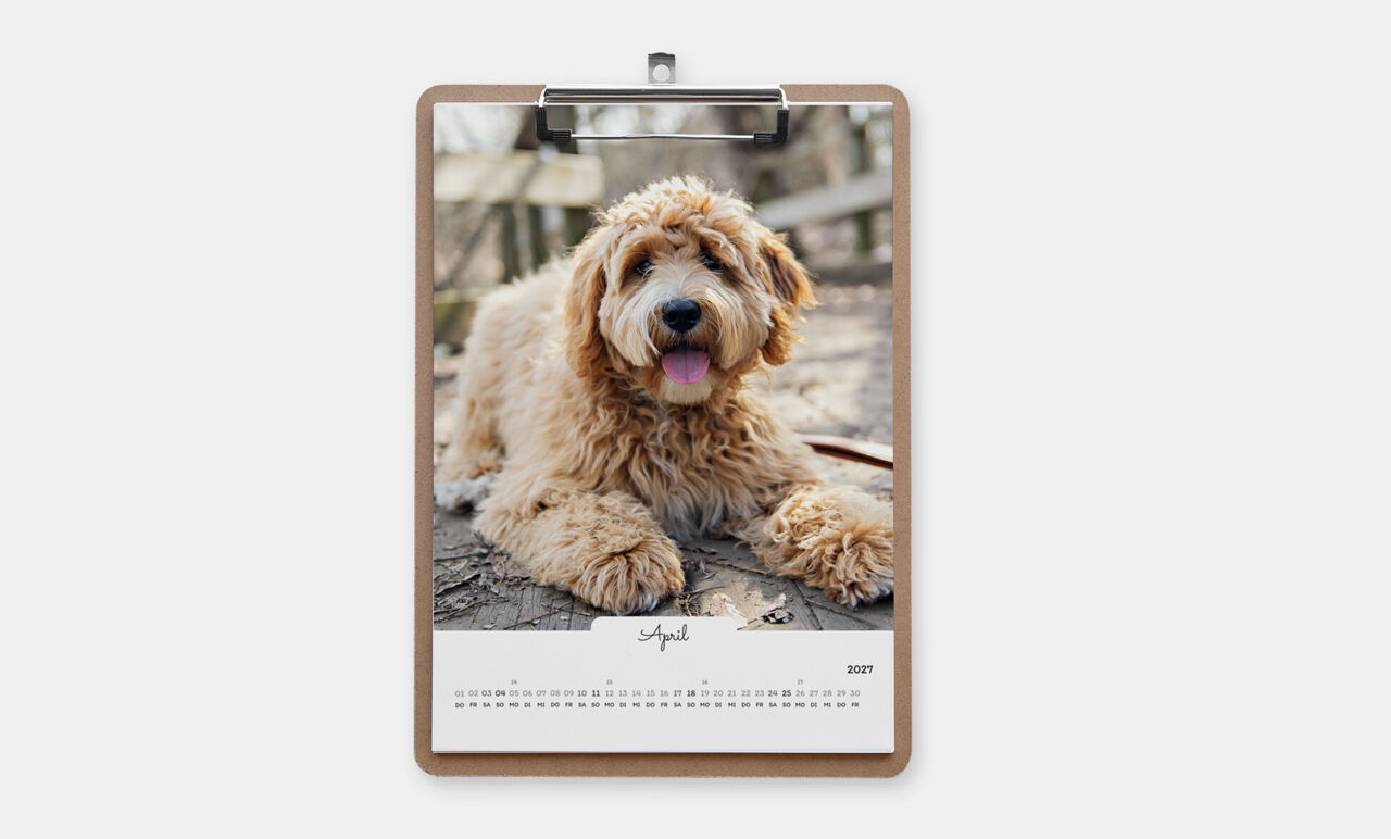 Kalender im A4-Hochformat mit einem Klemmbrett, weißem Design in handgeschriebenem Stil und Foto von einem Hund.