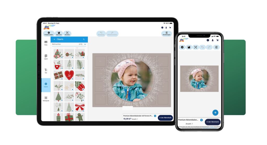 Tablet und Smartphone zeigen die App zum Gestalten eines Adventskalenders mit Foto und weihnachtlichen Cliparts