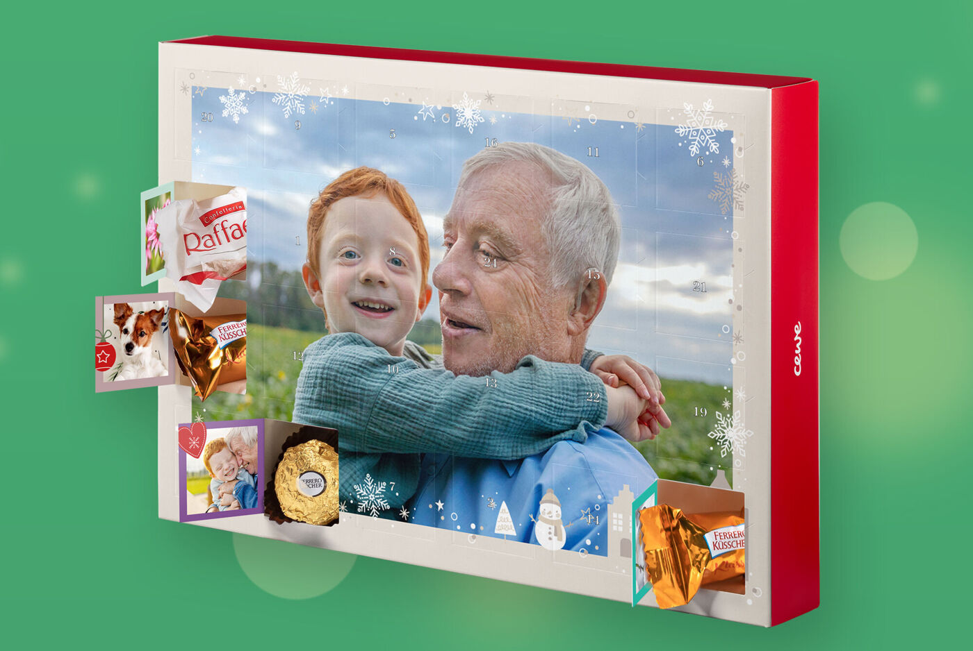 Adventskalender mit Ferrero Pralinen und Foto eines Kindes mit seinem Opa auf dem Cover, das von einem winterlichen Design umrahmt ist