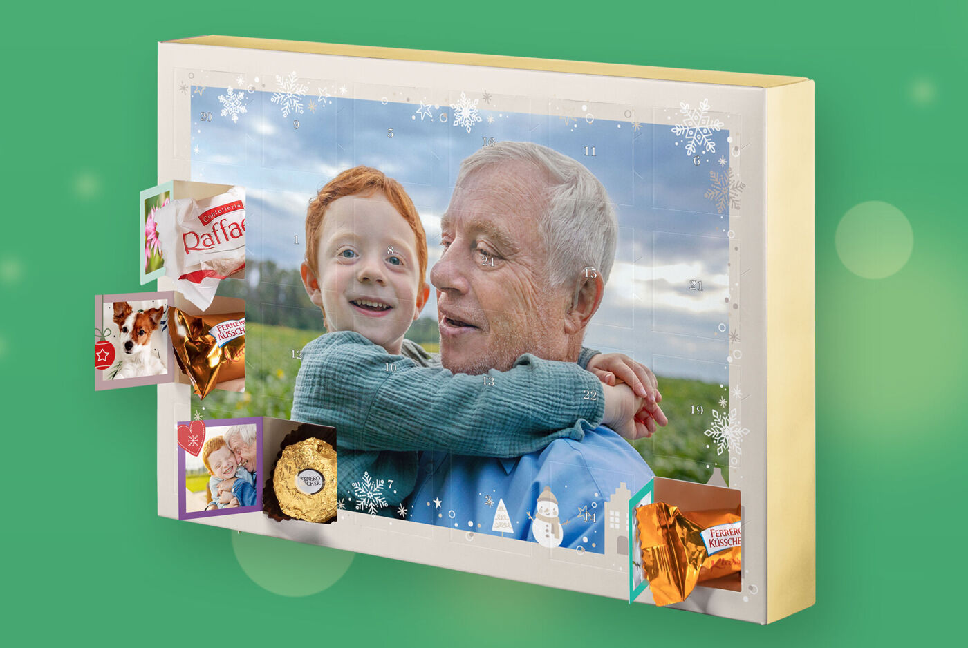 Adventkalender mit Bild von Kind und älterer Person, mehrere geöffnete Türchen zeigen Ferrero Pralinen