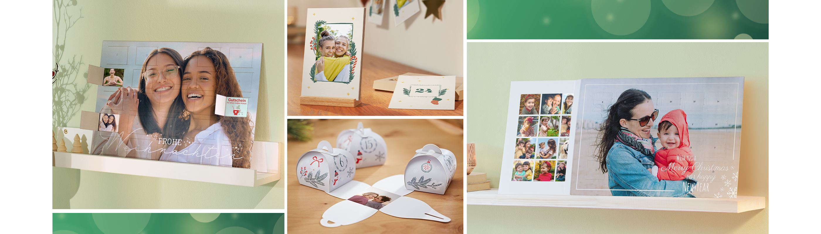Verschiedene Foto-Adventskalender: mit Foto-Türen, mit Poster-Collage, als Faltschachteln oder als Tischkalender