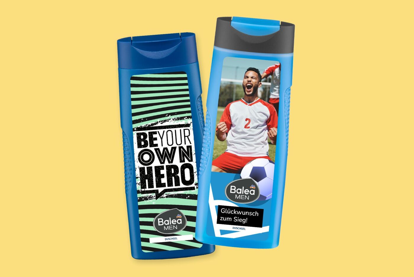 Balea Men Duschgel mit personalisierten Etiketten, links mit Spruch "Be your own hero", rechts mit Foto eines Fußballers