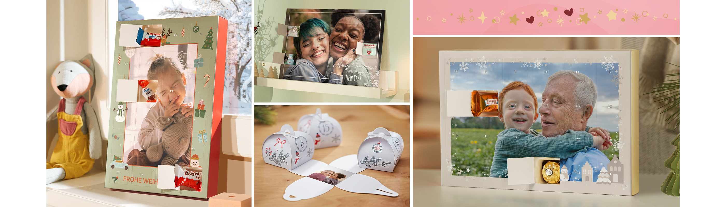 Vielfältige Adventskalender mit persönlichen Fotos, Schokolade und liebevollen Weihnachtsmotiven