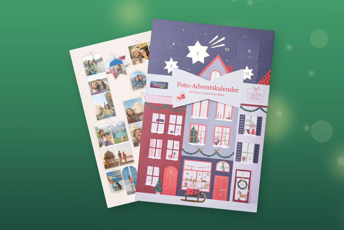 Adventskalender mit Foto hinter jedem Türchen und dem Coverdesign "Häuser", das ein winterliches Haus als Illustration abbildet