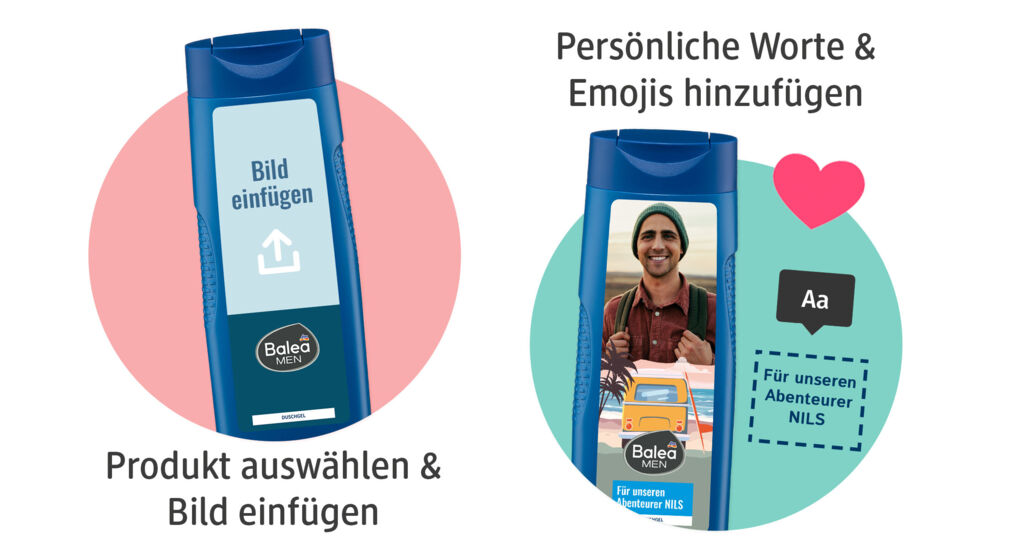 Produkt mit Platz für Bilder und Texte, Vermarktung von Balea.