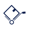 Ein stilisiertes Symbol für den Versand. Es zeigt einen Handwagen mit einem Paket.