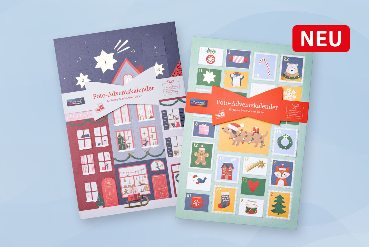 DIY-Adventskalender mit Fotos hinter jedem Türchen im Format 20x30 cm, mit 2 weihnachtlichen Covervorlagen