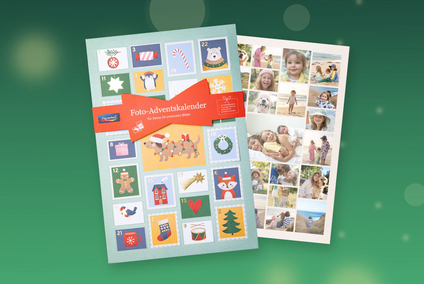 Adventskalender mit Foto hinter jedem Türchen mit dem Coverdesign "Kids", das verschiedene weihnachtliche Motive zeigt