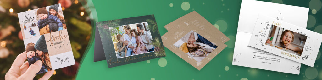 Grußkarten mit Familienfotos und Weihnachtsdesigns in verschiedenen Formaten
