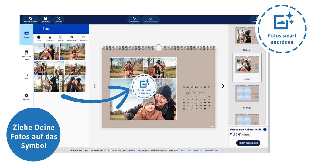 Auf einem Bildschirm wird ein Kalender gestaltet. Die Fotos werden auf ein Symbol "Fotos smart anordnen" gezogen und automatisch angeordnet
