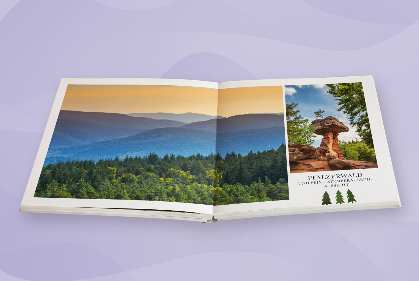 in aufgeklapptes Fotobuch mit zwei Landschaftsmotiven im Innenteil.