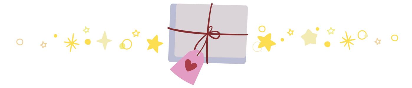  Geschenk mit rotem Band und Herzanhänger, umgeben von goldenen Sternen und Punkten 