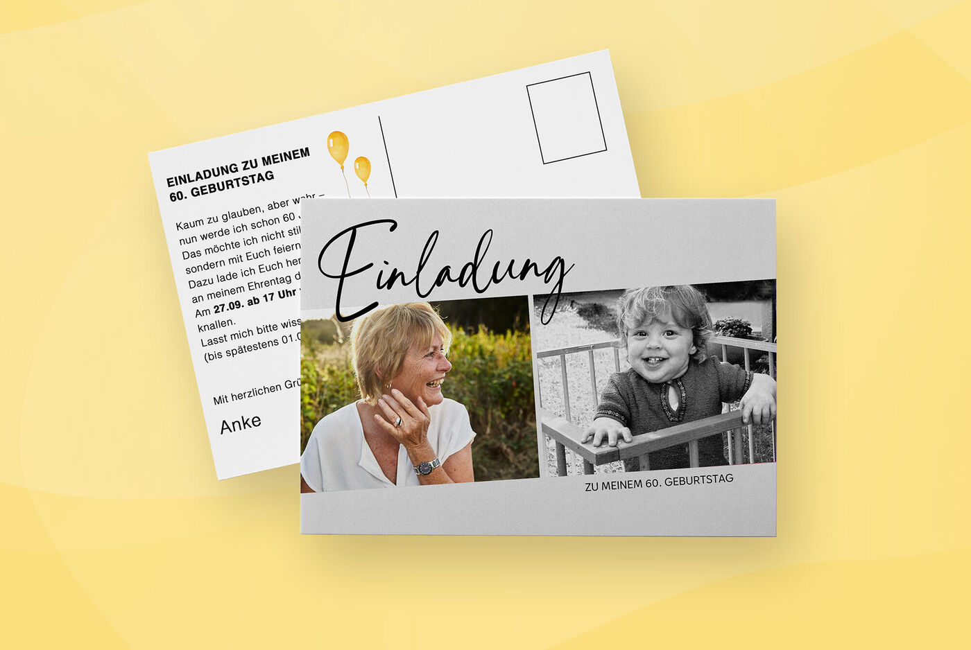 Postkarte mit Einladungstext und Foto einer Frau im Erwachsenen- und Kindesalter