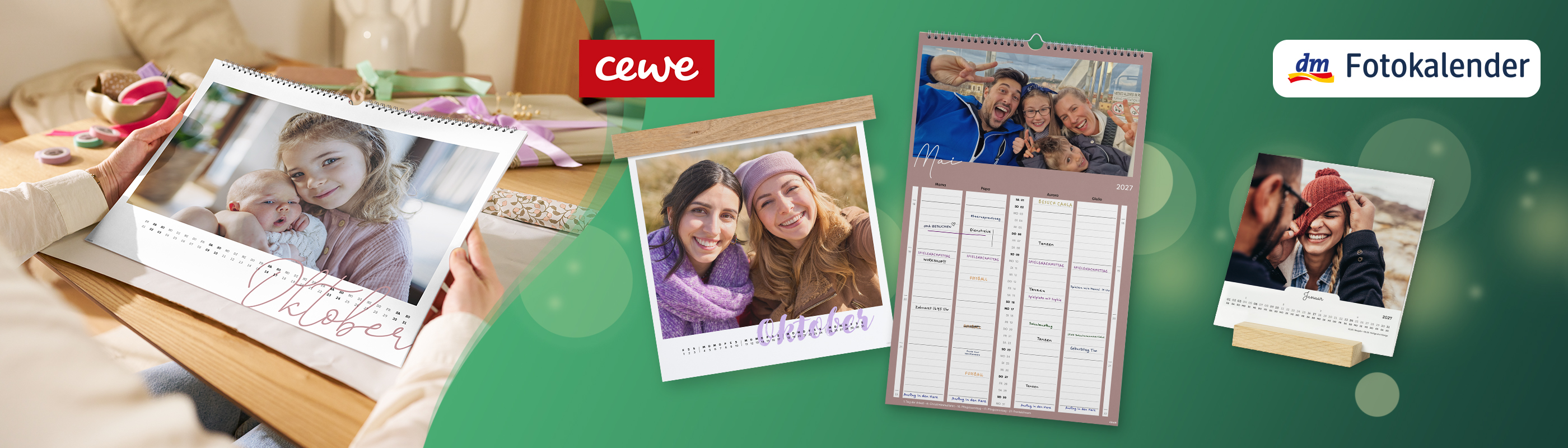 Wand- und Tischkalender in verschiedenen Formaten und Designs mit eigenen Fotos von CEWE und dm