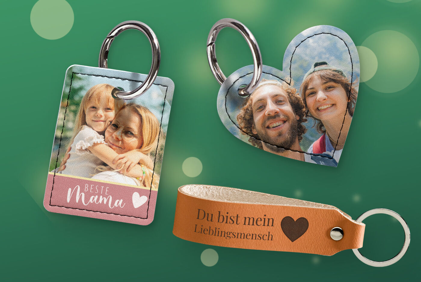 Schlüsselanhänger aus Leder in verschiedenen Ausführungen: als Herz und Rechteck mit eigenem Foto oder als Lederband mit Gravur