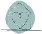 Eine minimalistische Zeichnung eines Hauses, das ein Herz darstellt. Die Linien sind einfach und klar gehalten, mit einem sanften, blauen Hintergrund.
